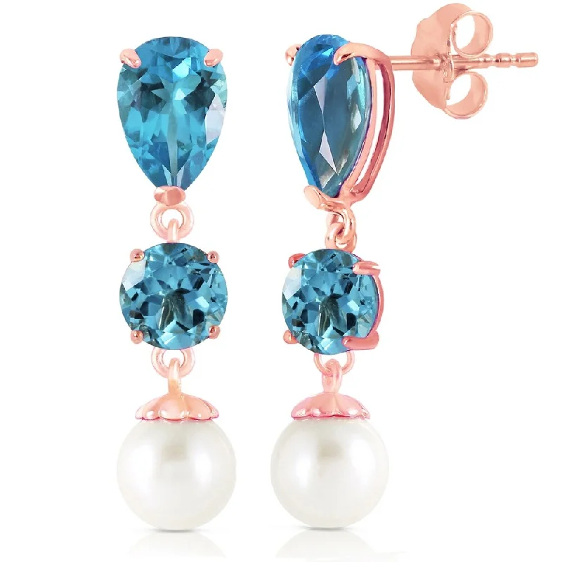 10.5 CTW 14K Solid Rose Gold Drop Earrings Blue Topaz And pearl