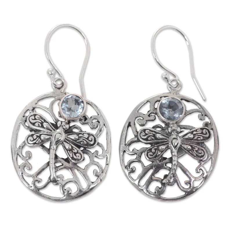 Handmade Sterling Silver 'Dancing Dragonflies' Blue Topaz Earrings (Indonesia) - 1.5L*0.8W