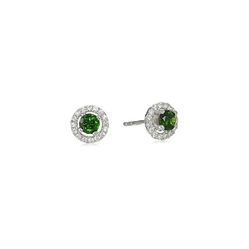 925 Sterling Silver Chrome Diopside and Created White Sapphire Stud Earrings