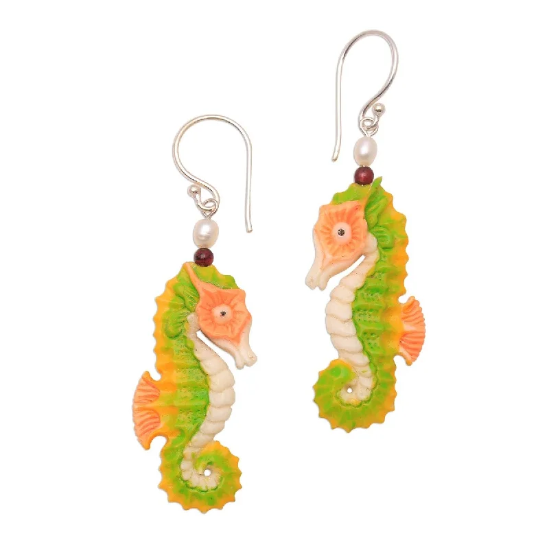 NOVICA Happy Seahorses, Bone dangle earrings - 2.2*0.4