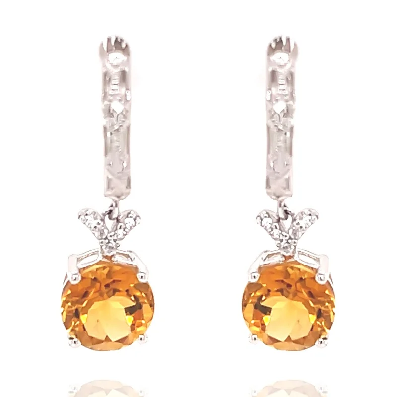 14Kt White Gold Citrine and Diamond Dangling Earrings