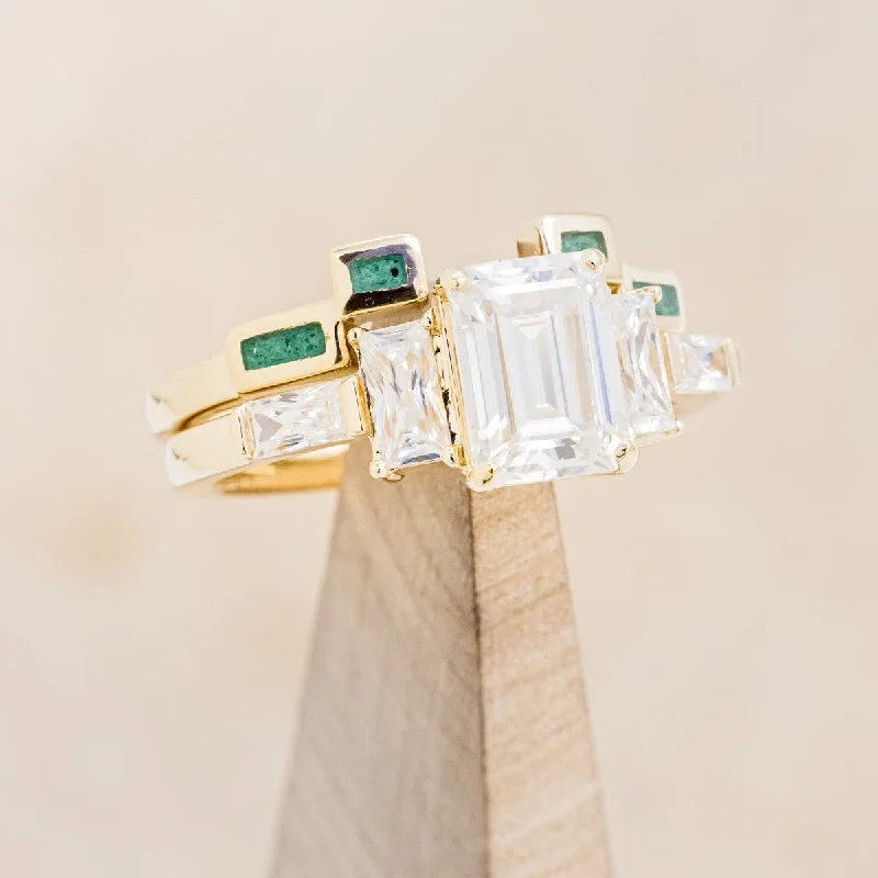 "GRETA" - EMERALD CUT MOISSANITE ENGAGEMENT RING WITH MALACHITE STACKING BAND