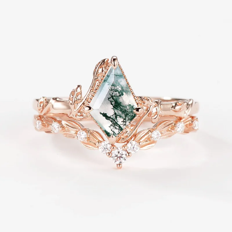 Moss Agate Leafy Engagement Ring Sets 2pcs