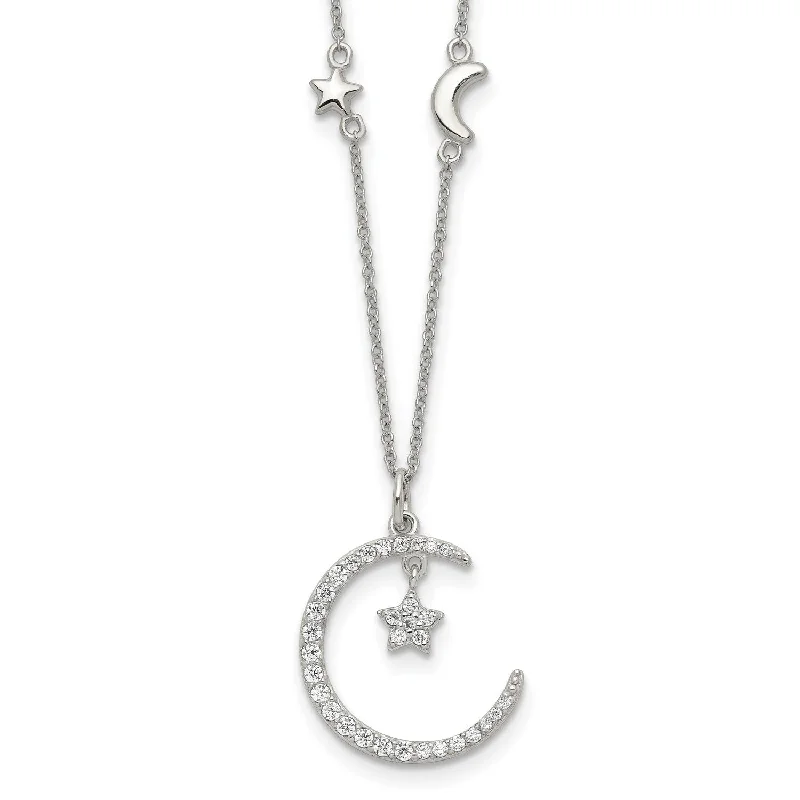 Sterling Silver Cubic Zirconia 16-inch Celestial Moon and Star Necklace