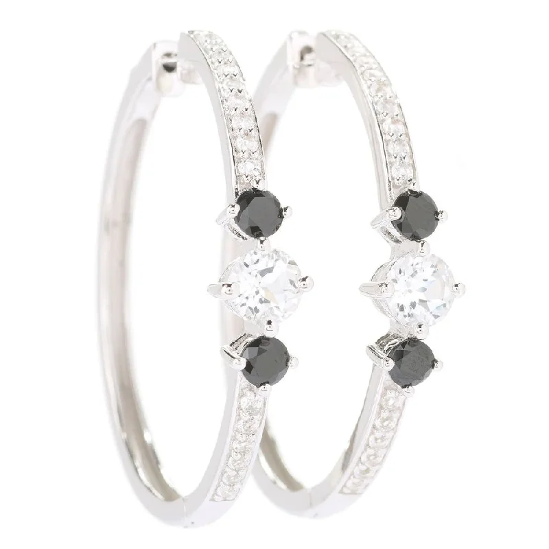 Sterling Silver 1.5" Round White Toapz & Black Spinel Hoop Earrings