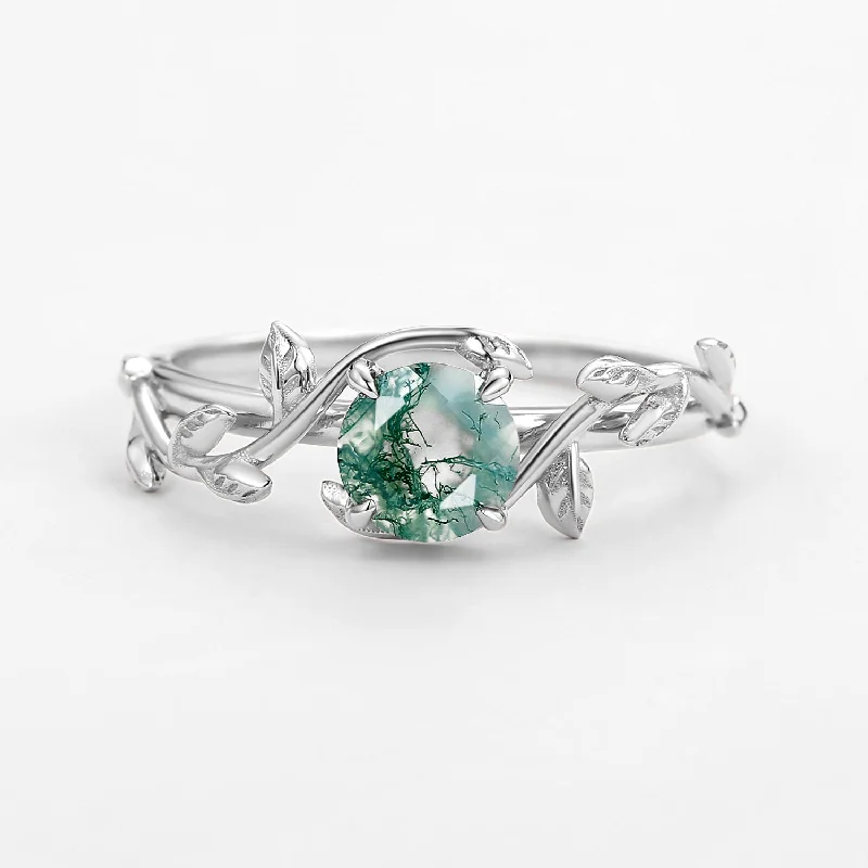 Moss Agate Round Shaped Leaf Vine Engagement Ring