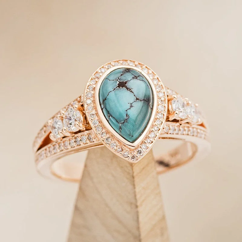 "SOFIA" - PEAR CUT TURQUOISE ENGAGEMENT RING WITH DIAMOND HALO & ACCENTS