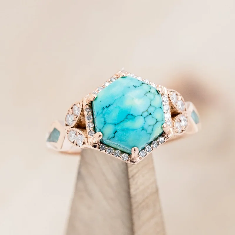 "LUCY IN THE SKY" - HEXAGON CABOCHON CUT TURQUOISE ENGAGEMENT RING WITH DIAMOND ACCENTS & TURQUOISE INLAYS