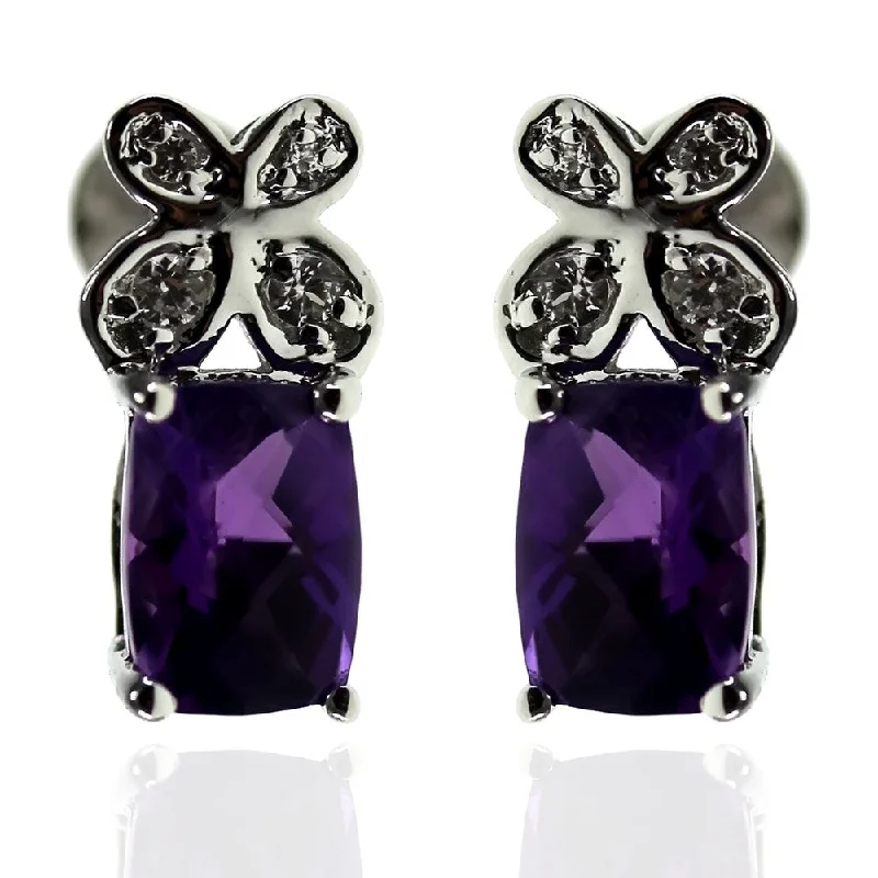 925 Sterling Silver African Amethyst and Created White Sapphire Earrings