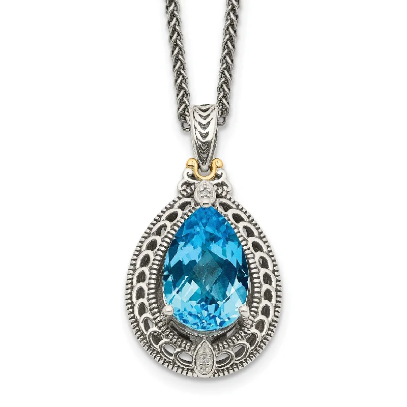 15X10MM Pear Swiss Blue Topaz and Diamond Lobster Clasp 18-inch Necklace in Sterling Silver