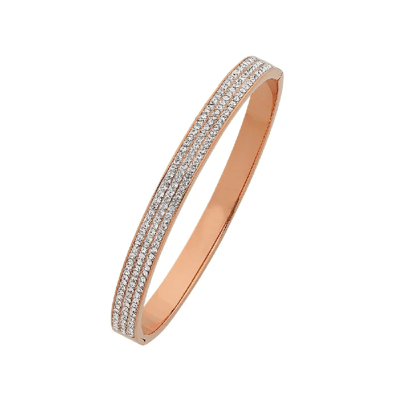 Rose Stainless Steel Crystal Three Row Pave Bangle