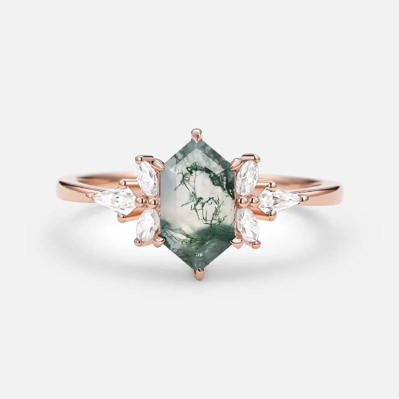 Hexagon & Kite Moss Agate Cluster Engagement Ring