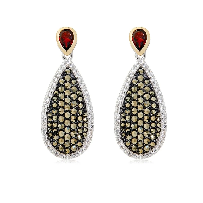 14K Gold & Sterling Silver with Garnet, Marcasite Drop Earrings