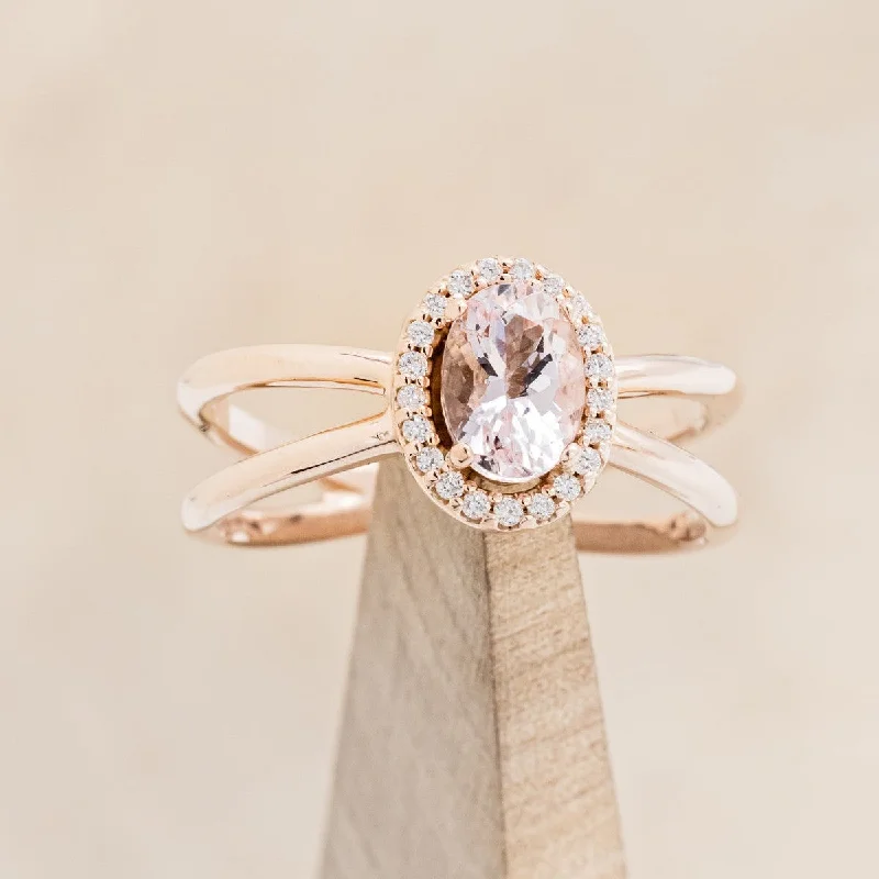 "FRENCHY" - OVAL MORGANITE ENGAGEMENT RING WITH DIAMOND HALO