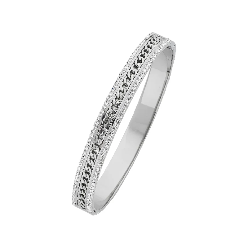 Stainless Steel Crystal Bangle with Curb Detailing