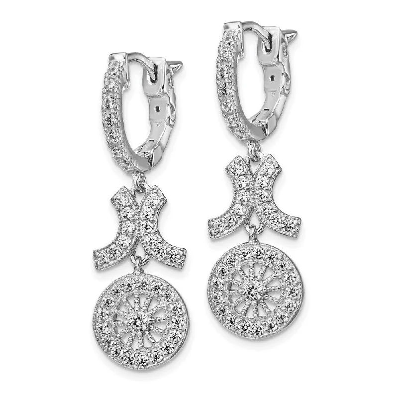 925 Sterling Silver CZ Circle Hinged Hoop Dangle Earrings (L-1.25 mm, W-10 mm)