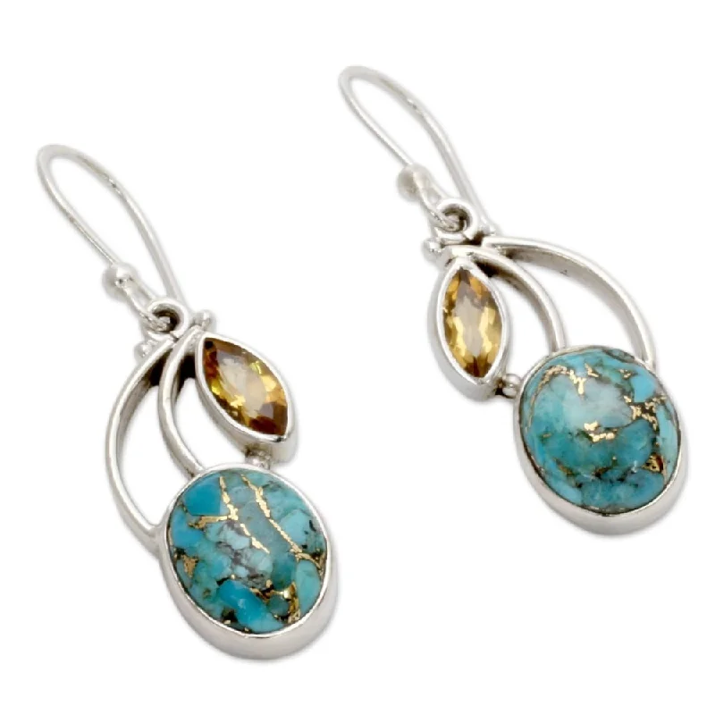 Handmade Sterling Silver Mystique Citrine Turquoise Dangling Earrings (India)