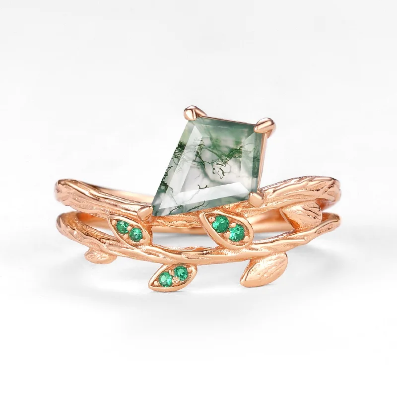 Unique Kite Cut Moss Agate & Emerald Leafy  Engagement Ring