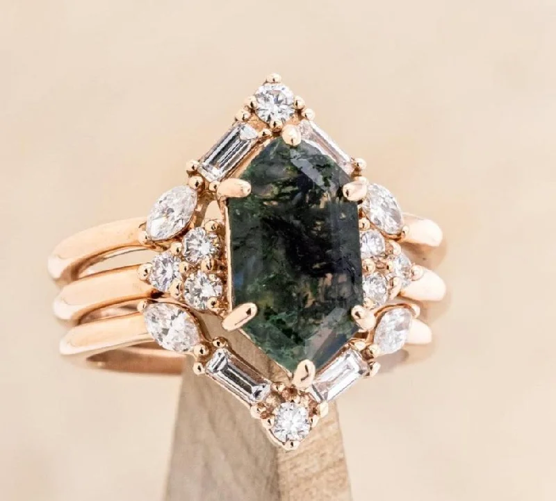 "OCTAVIA" - BRIDAL SUITE - ELONGATED HEXAGON CUT MOSS AGATE ENGAGEMENT RING WITH DIAMOND ACCENTS & "MELODY" TRACERS