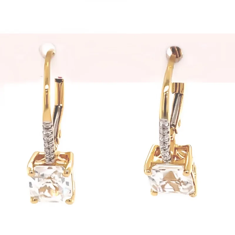 14Kt Yellow Gold White Natural Zircon and Diamond Gemstone Dangle Earrings