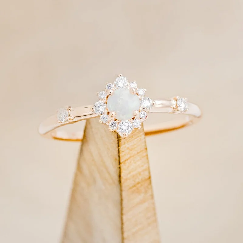 "STARLA" - ROUND CUT OPAL ENGAGEMENT RING WITH STARBURST DIAMOND HALO