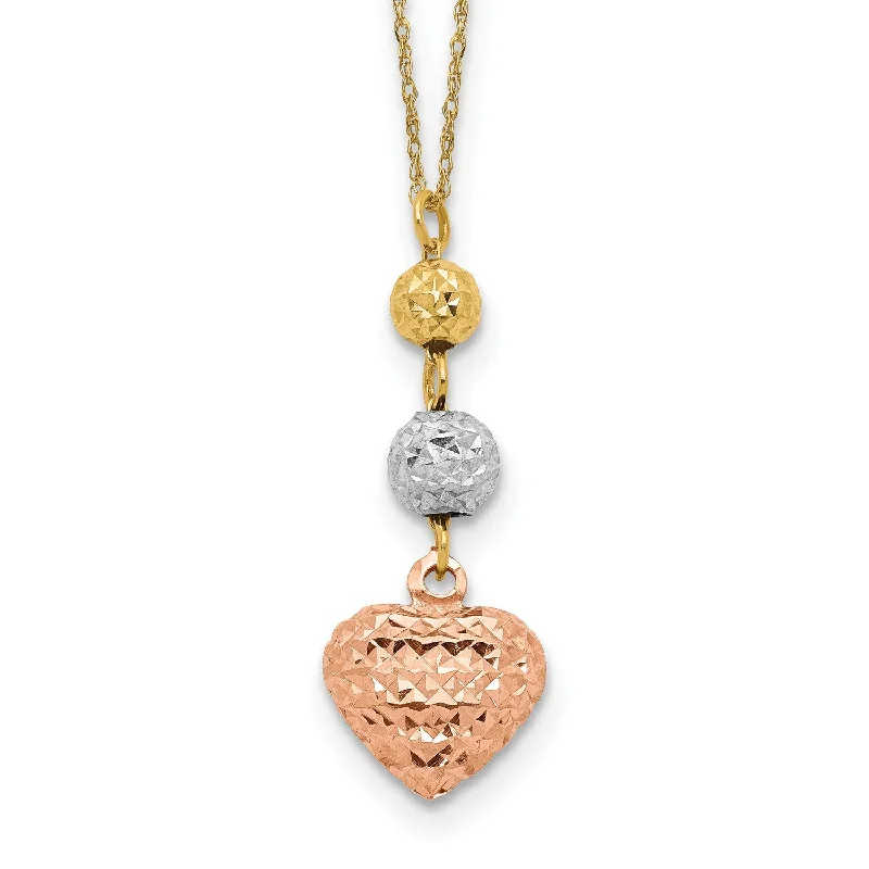 14KT Gold Tri-Color 16-inch+2-inch extender Beads and Hearts Necklace