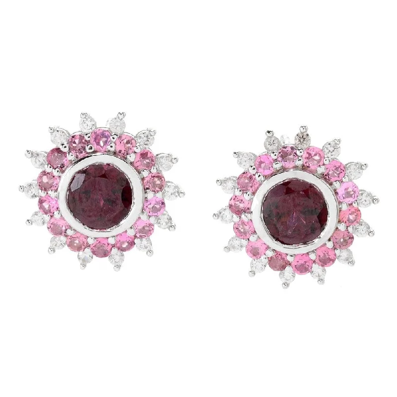 Sterling Silver Rhodolite, Pink Tourmaline and White Zircon Double Halo Flower Stud Earrings