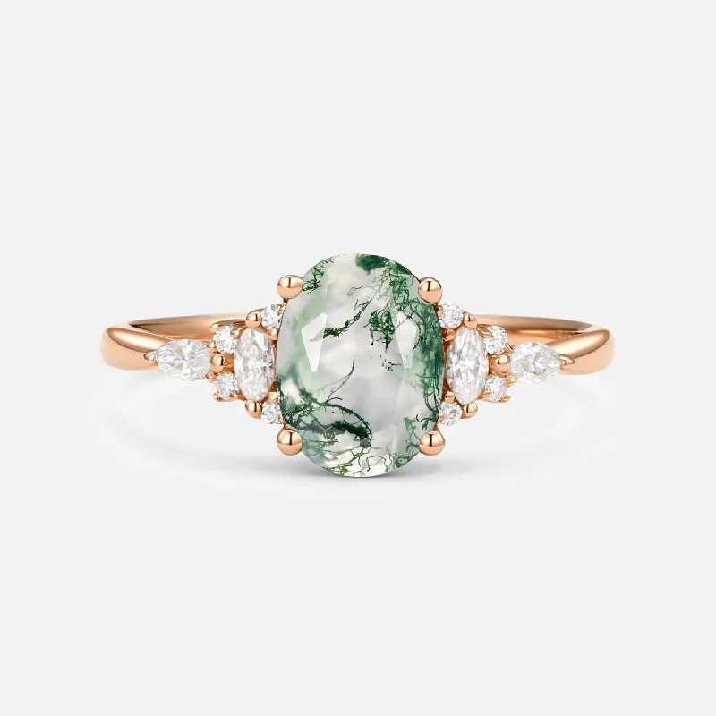 Oval Cut Moss Agate Classic Engagement Ring