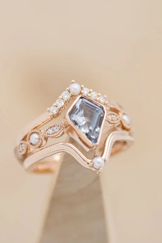 "BIANCA" - BRIDAL SUITE - KITE CUT AQUAMARINE ENGAGEMENT RING WITH PEARL & DIAMOND ACCENTS