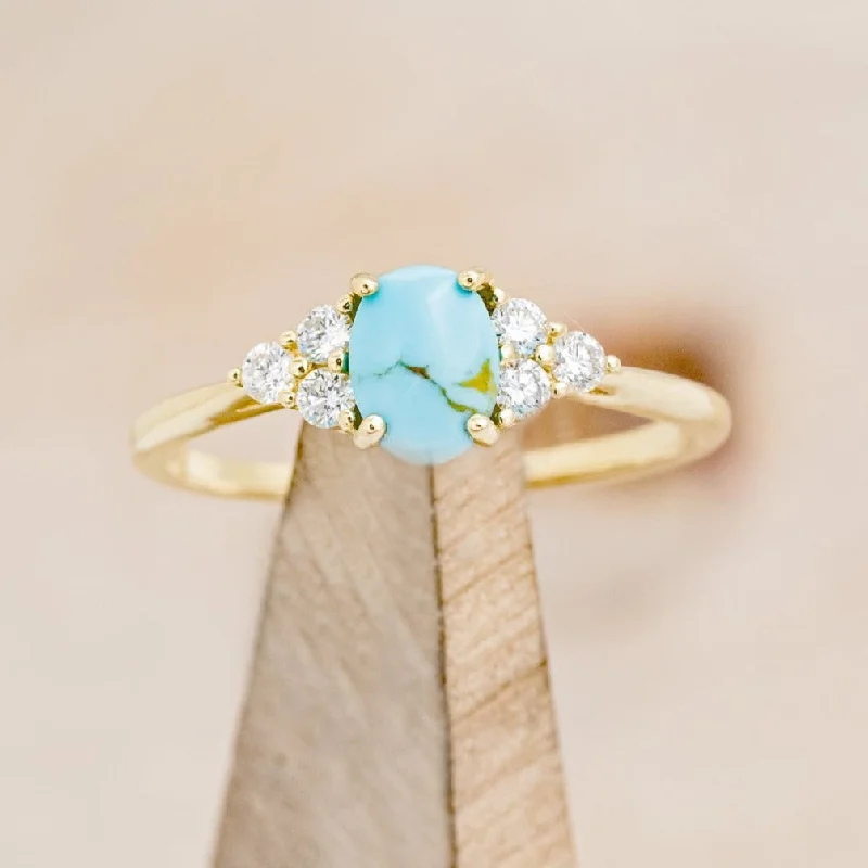 "RHEA" - OVAL CABOCHON CUT TURQUOISE ENGAGEMENT RING WITH DIAMOND ACCENTS