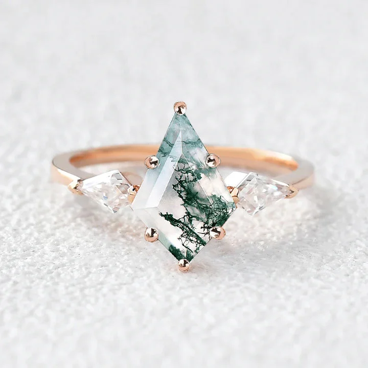 Moss Agate Kit Cut Three-stone Bezel Engagement Ring