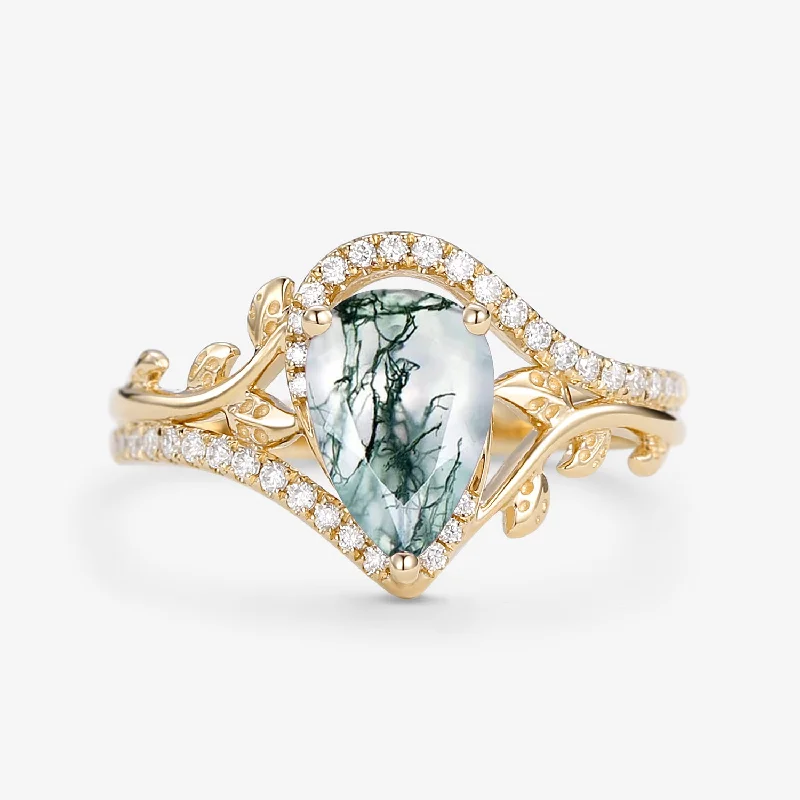 Vintage Pear Cut Moss Agate & Moissanite Leafy Engagement Ring