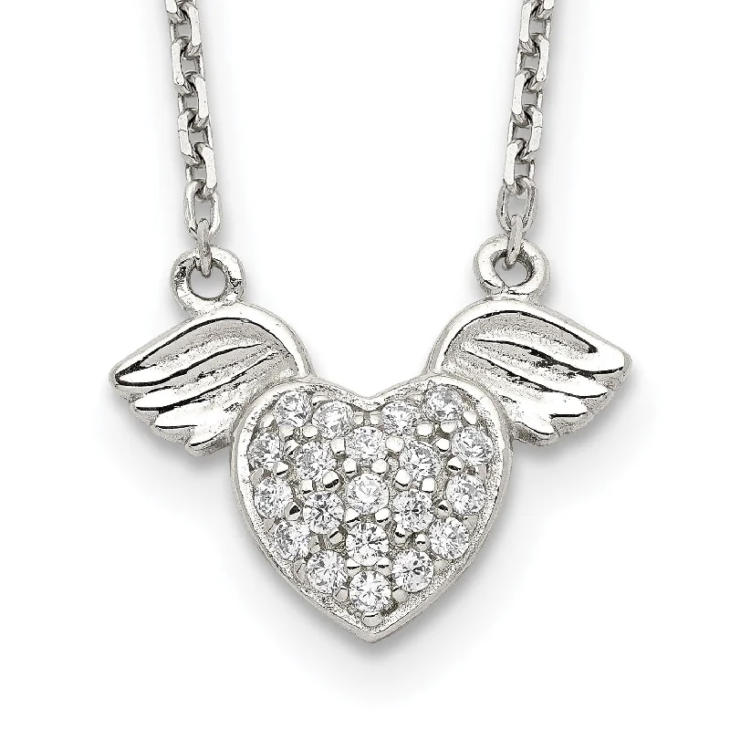 Sterling Silver Cubic Zirconia 16-inch Heart Wings Necklace