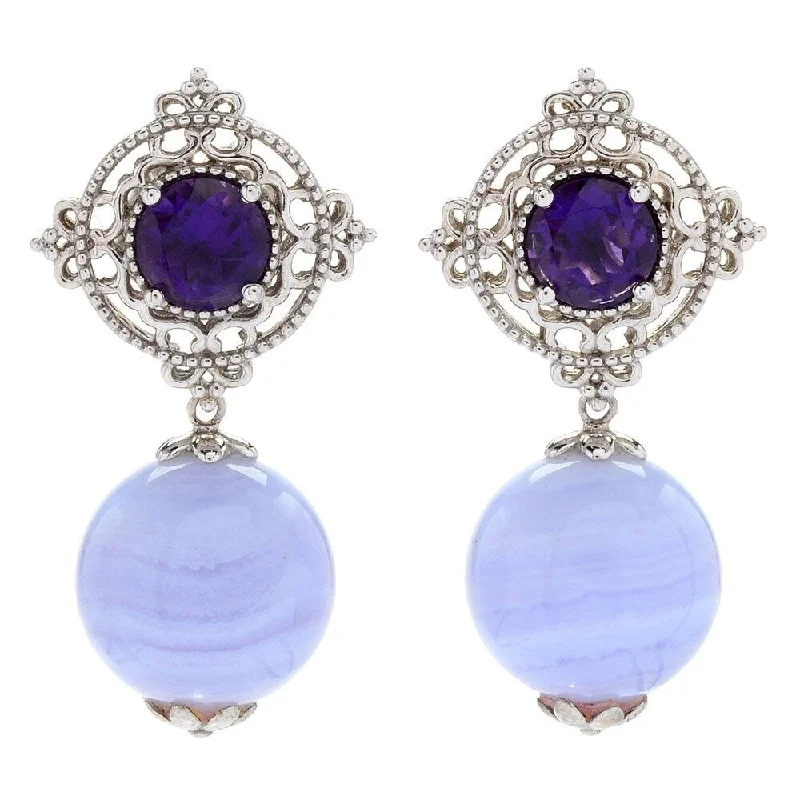 Sterling Silver 1.25" Blue Lace Agate & African Amethyst Earrings