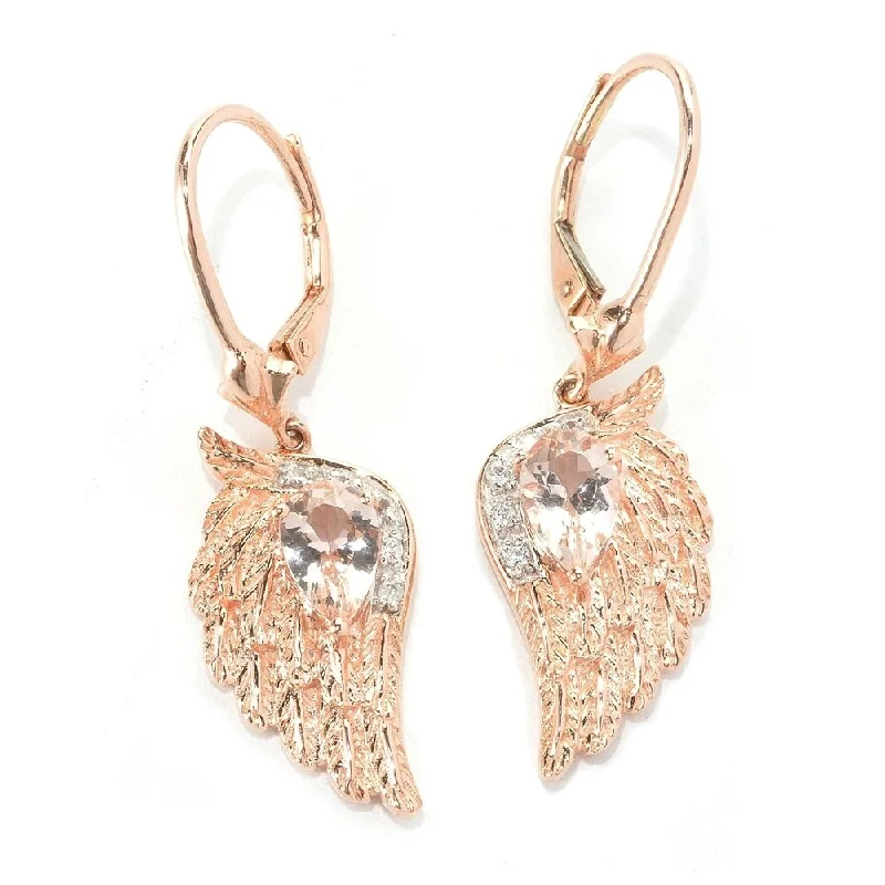 Rose Gold Plated Over Sterling Silver Morganite and White Natural Zircon Dangle Earrings