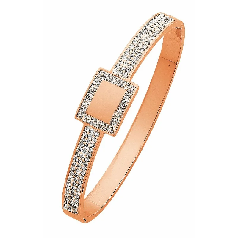 Rose Stainless Steel Pave Crystal Bangle with Square Feature