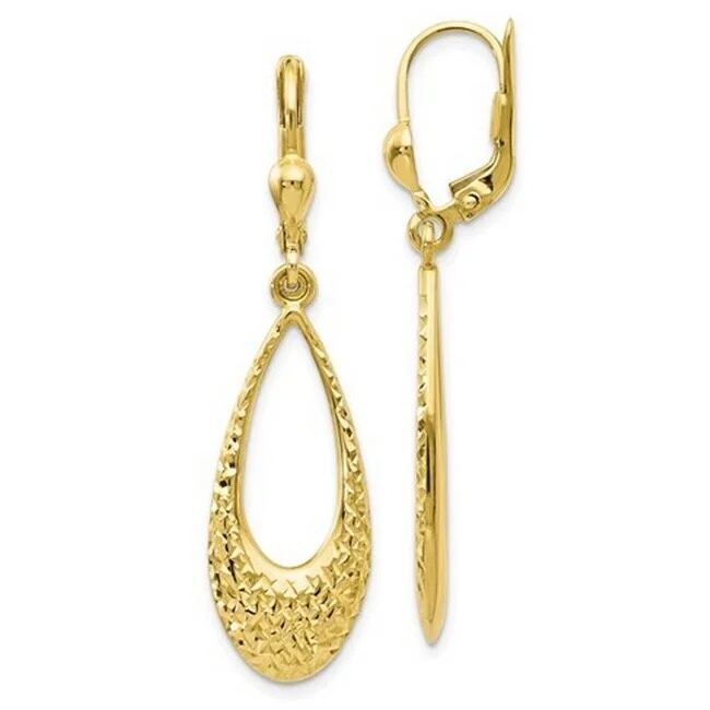 10k Gold Diamond-cut Open Teardrop Dangle Leverback Earrings