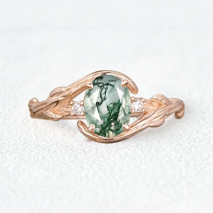 Oval Cut Moss Agate Branches Vintage Engagement Ring