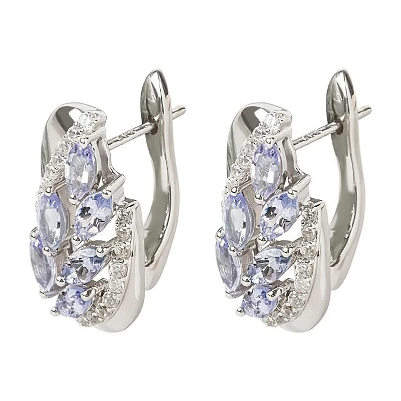 925 Sterling Silver Tanzanite and White Natural Zircon Earrings