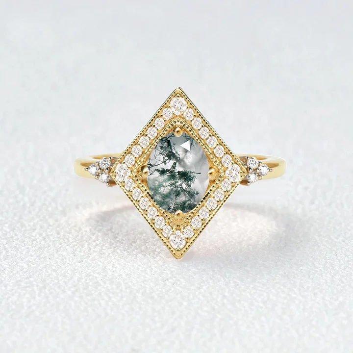 Unique Oval Cut Moss Agate Geometric Vintage Engagement Ring