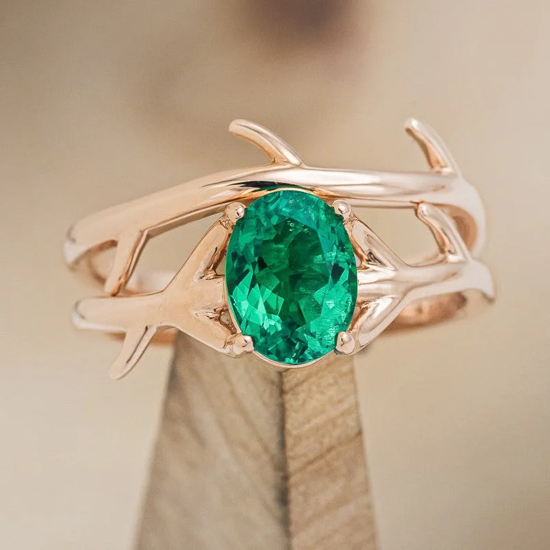 "ARTEMIS" - OVAL LAB-GROWN EMERALD ENGAGEMENT RING WITH AN ANTLER-STYLE STACKING BAND