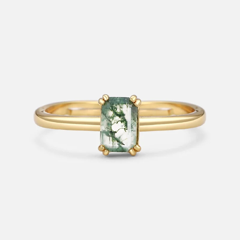 Emerald Cut Moss Agate Solitaire Engagement Ring