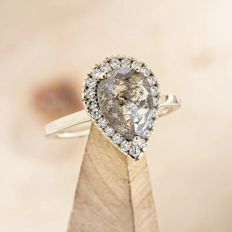 "LYDIA" - PEAR CUT SALT & PEPPER DIAMOND ENGAGEMENT RING WITH DIAMOND HALO