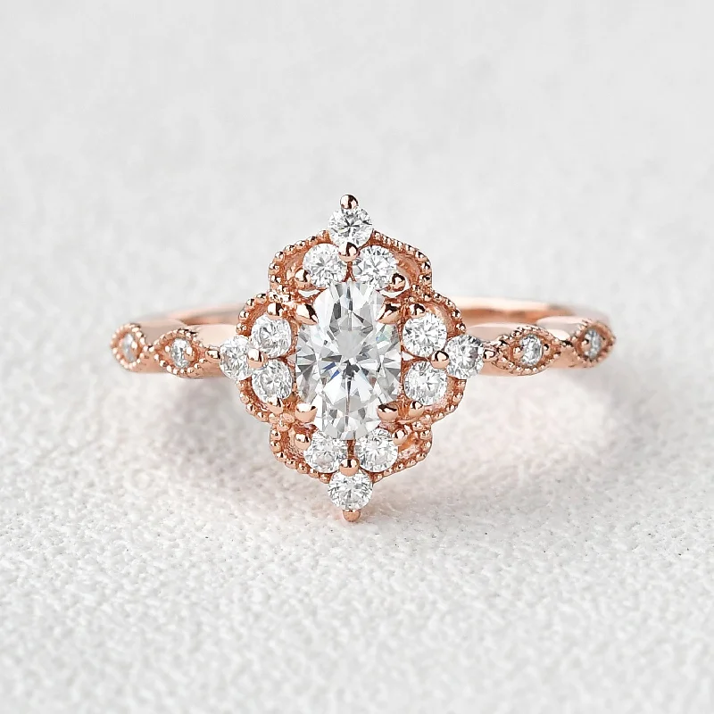 1.0ct Bohemian Moissanite Vintage Halo Engagement Ring