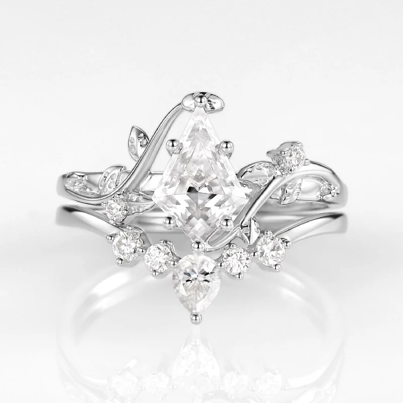 Kite Cut Moissanite Vine Engagement Ring Set 2pcs - Willow