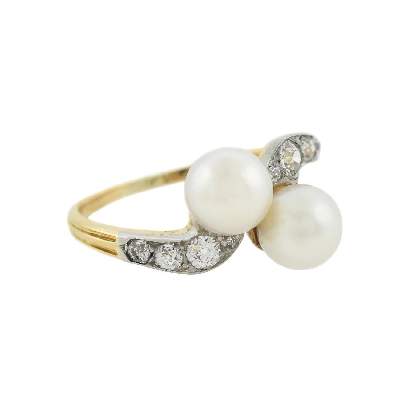 Edwardian 14kt/Platinum Diamond + Natural Pearl Bypass Ring