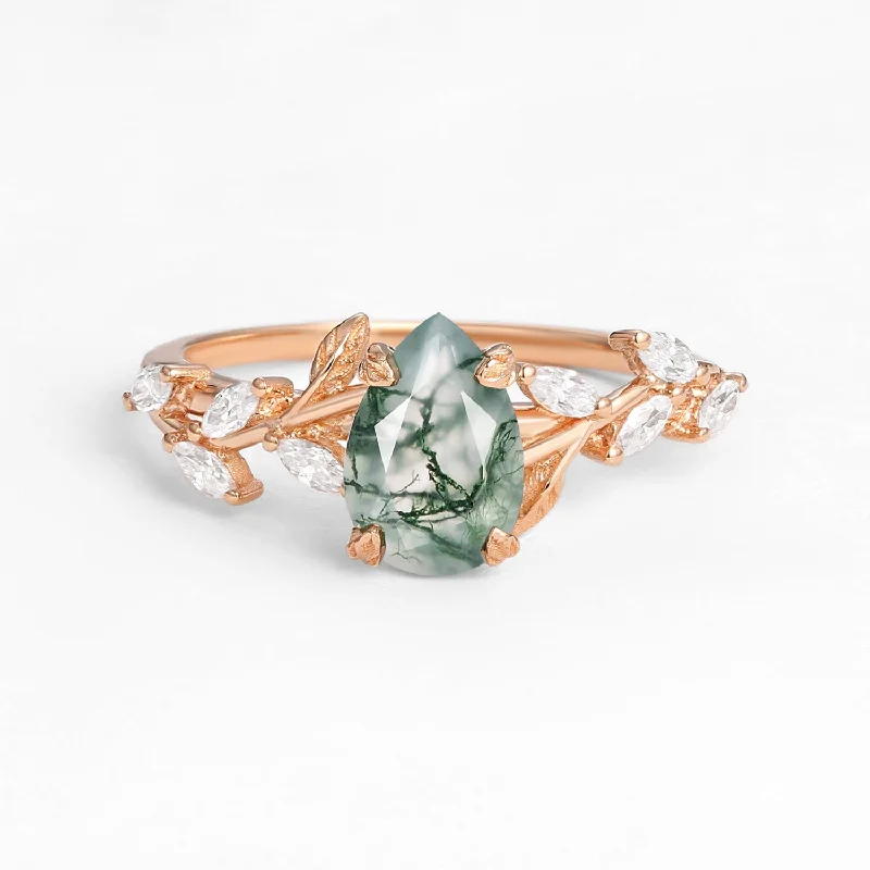 Pear Cut Moss Agate Nature Inspired Engagement Ring