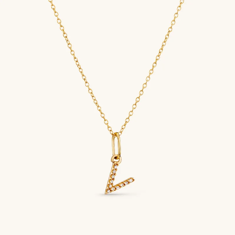 V Crystal Initial Necklace in Gold