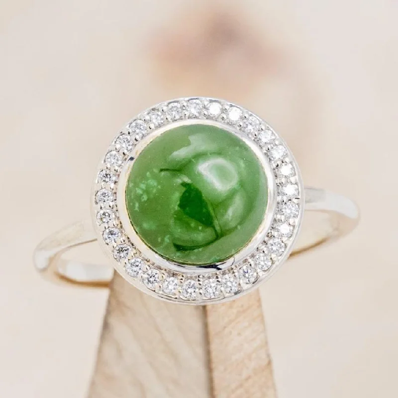 "TERRA" - ROUND CABOCHON CUT JADE ENGAGEMENT RING WITH DIAMOND HALO