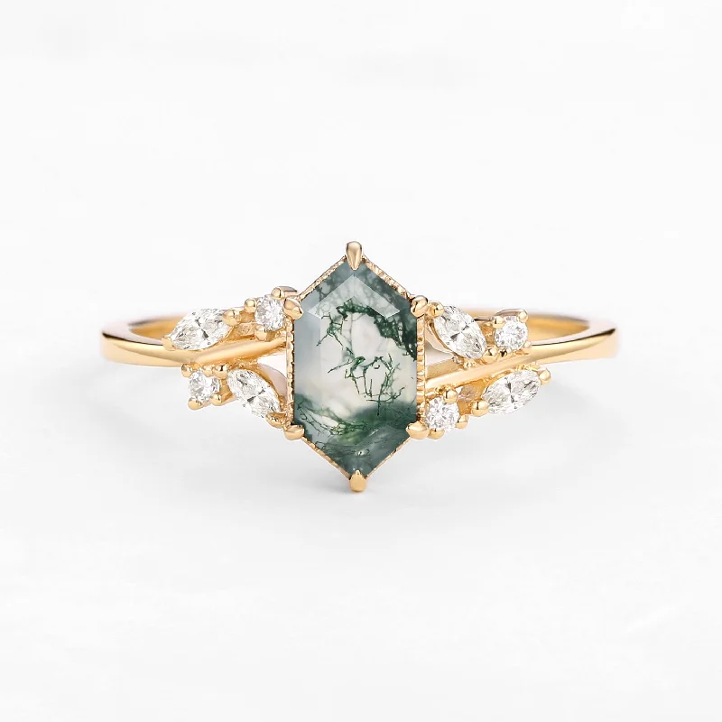 1.5ct Hexagon Moss Agate Leafy Moissanite Vintage Engagement Ring